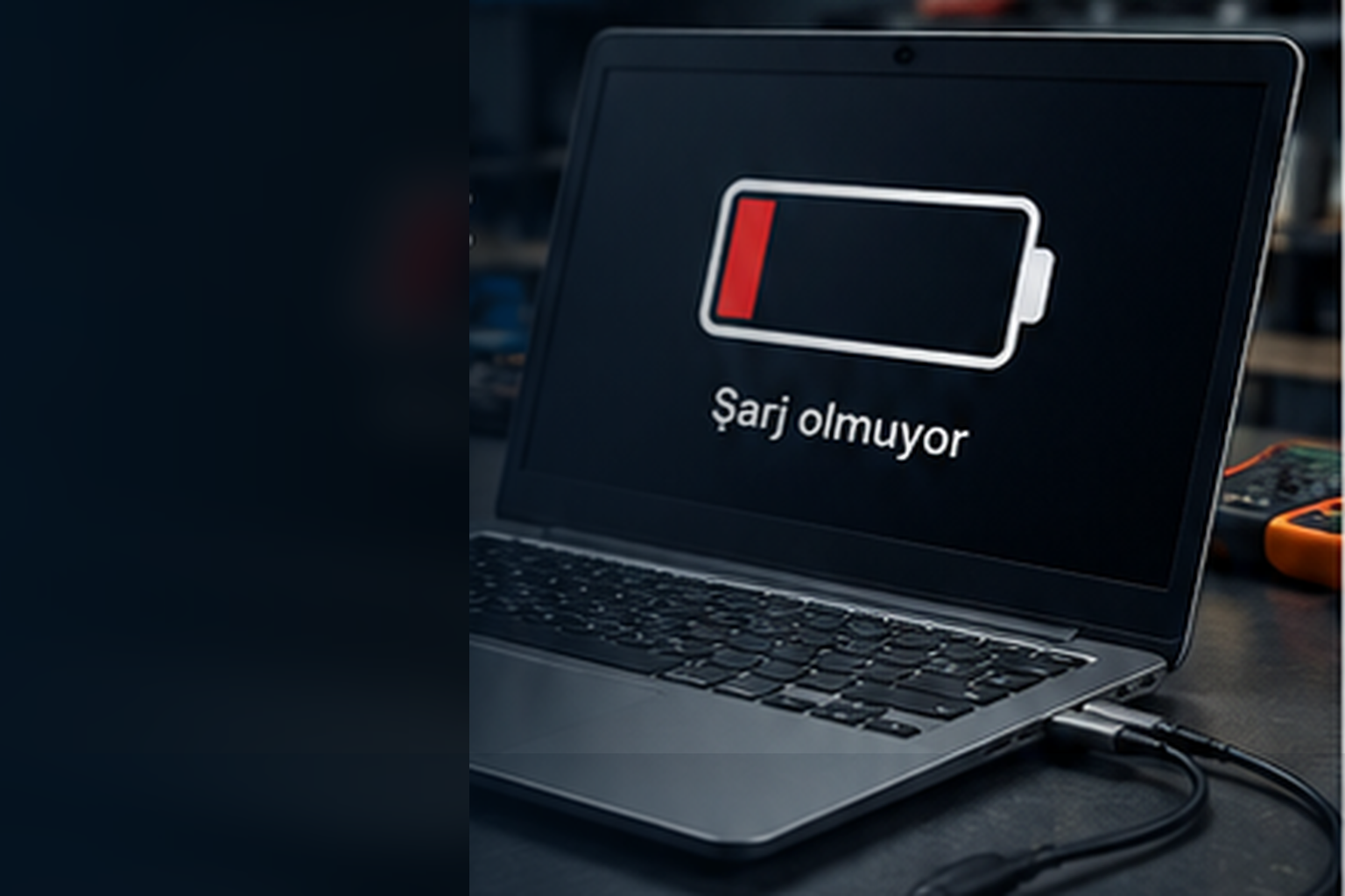 Şarj olmayan laptop, adaptör bağlantısı ve düşük batarya uyarısı